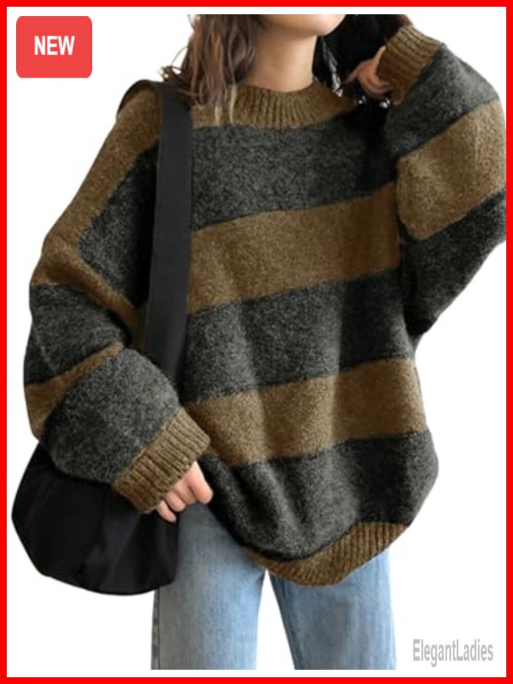EMMIOL Oversized Striped Sweater Long Sleeve Crewneck Pullover Knit Top